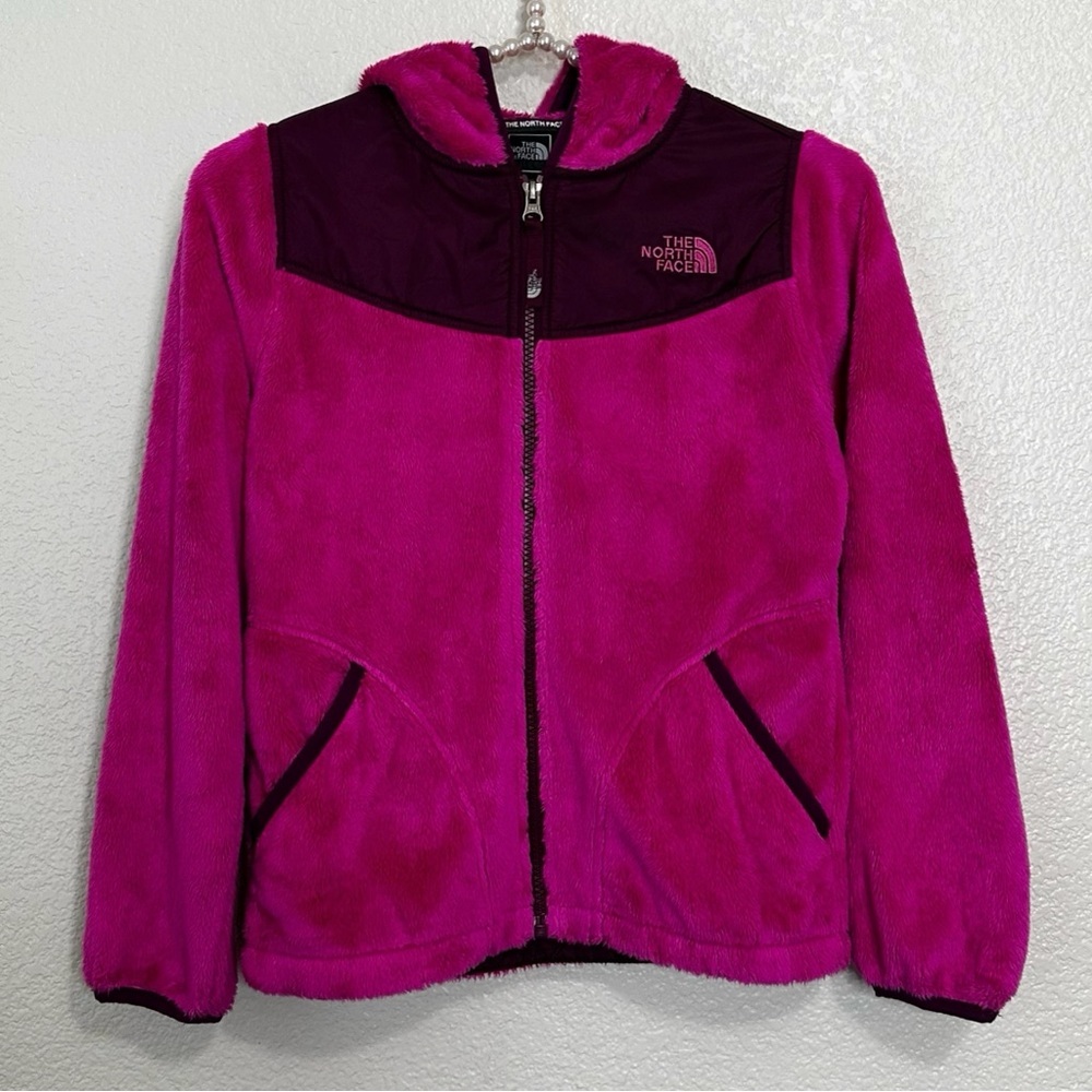 The North Face Girl's Size 10/12 Pink Fuzzy Fleece Full Zip Hoodie Jacket